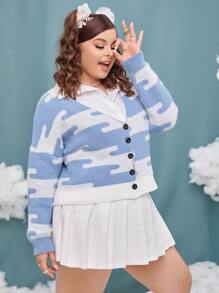 SHEIN Qutie Plus Graphic Pattern Drop Shoulder Cardigan - Blue and White - View 3