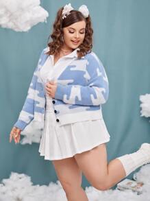 SHEIN Qutie Plus Graphic Pattern Drop Shoulder Cardigan - Blue and White - View 5
