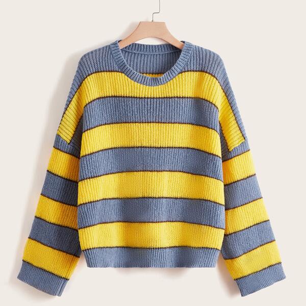 

Plus Block Striped Drop Shoulder Sweater, Multicolor