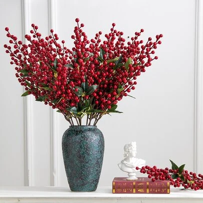 1 枝人造红色水果植物，带 9 枝和叶子，适用于家庭客厅装饰、节日庆典、情人节、礼物