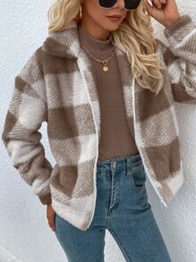 SHEIN LUNE Gingham Zip Up Flannel Jacket - Multicolor - View 1