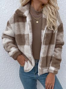 SHEIN LUNE Gingham Zip Up Flannel Jacket - Multicolor - View 3