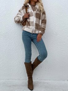 SHEIN LUNE Gingham Zip Up Flannel Jacket - Multicolor - View 4