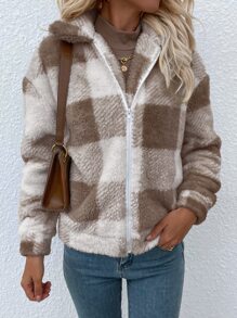 SHEIN LUNE Gingham Zip Up Flannel Jacket - Multicolor - View 5