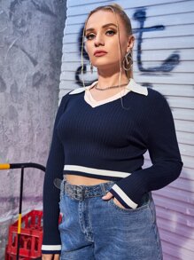 Plus Striped Trim Crop Jumper - Navy Blue - View 1