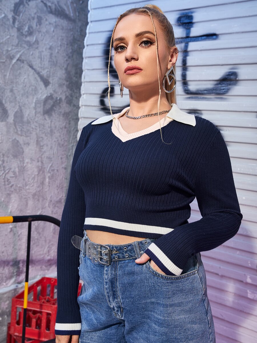 Plus Striped Trim Crop Jumper - Navy Blue - View 1