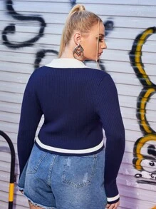 Plus Striped Trim Crop Jumper - Navy Blue - View 2