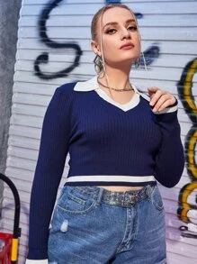 Plus Striped Trim Crop Jumper - Navy Blue - View 3