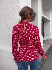 Polka Dot Keyhole Neckline Knot Front Peplum Blouse - Red - View 2