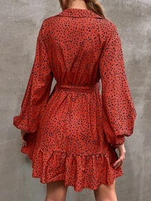 SHEIN VCAY 斑點印花燈籠袖荷葉邊腰帶襯衫連衣裙 - 紅色 - 查看 2