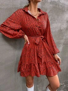 SHEIN VCAY 斑點印花燈籠袖荷葉邊腰帶襯衫連衣裙 - 紅色 - 查看 4