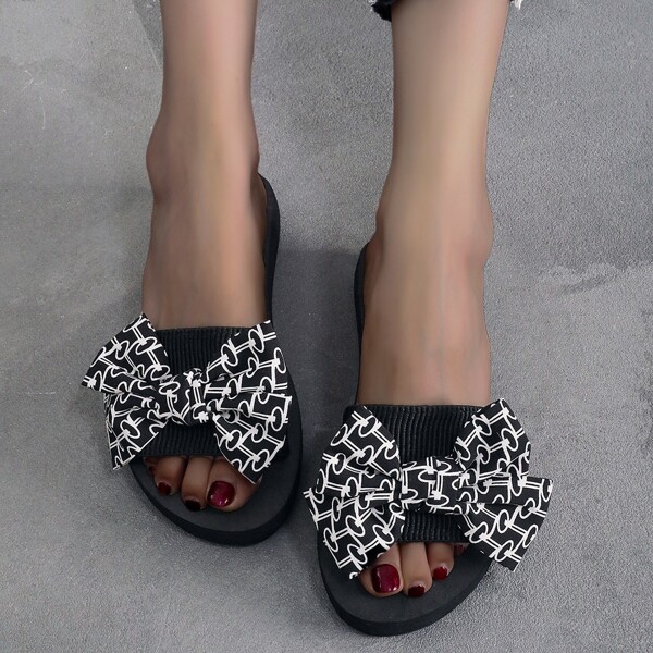

Bow Decor Slide Sandals, Black and white