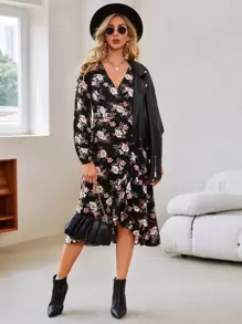 SHEIN VCAY Đầm Thắt nút Viên lá sen Trọn gói Hoa Thanh lịch - Nhiều màu - Xem 1