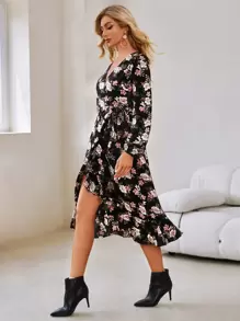 SHEIN VCAY Đầm Thắt nút Viên lá sen Trọn gói Hoa Thanh lịch - Nhiều màu - Xem 4