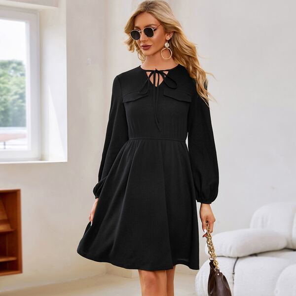 

Lantern Sleeve Tie Neck Waffle Knit Dress, Black