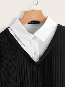 Muchica Sudadera de cuello en contraste tejido de canalé 2 en 1 - Negro - Ver 4