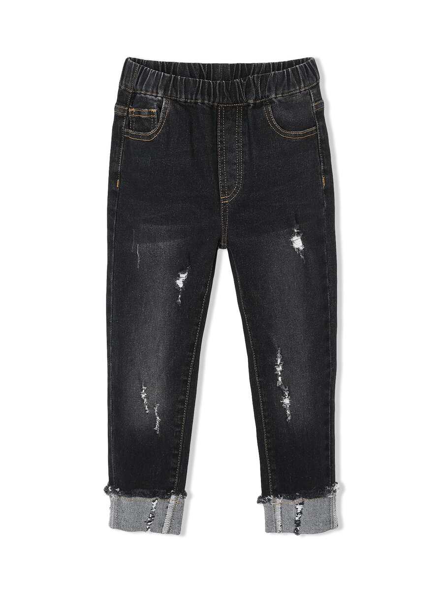 小男童破洞毛邊緣牛仔褲 - 黑色 - 查看 1