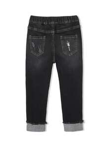 小男童破洞毛邊緣牛仔褲 - 黑色 - 查看 2