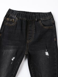 小男童破洞毛邊緣牛仔褲 - 黑色 - 查看 3