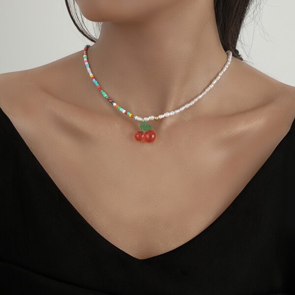 

Cherry Charm Beaded Necklace, Red