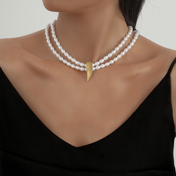 

Wing Decor Faux Pearl Beaded Necklace, Gold