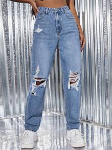 Light Wash Ripped Detail Straight Leg Jeans - Dark Wash - View 1