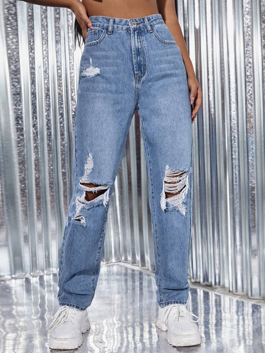 Light Wash Ripped Detail Straight Leg Jeans - Dark Wash - View 1