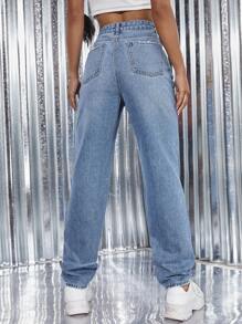 Light Wash Ripped Detail Straight Leg Jeans - Dark Wash - View 2
