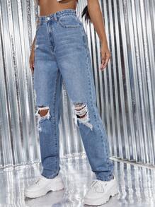 Light Wash Ripped Detail Straight Leg Jeans - Dark Wash - View 3