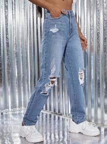 Light Wash Ripped Detail Straight Leg Jeans - Dark Wash - View 4