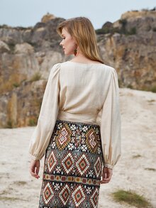 SHEIN Surplice Neck Tie Front Blouse - Apricot - View 2