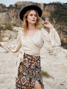 SHEIN Surplice Neck Tie Front Blouse - Apricot - View 3