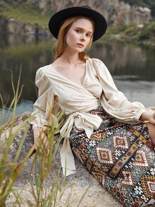 SHEIN Surplice Neck Tie Front Blouse - Apricot - View 4