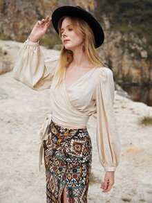 SHEIN Surplice Neck Tie Front Blouse - Apricot - View 5