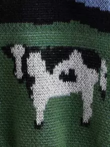 Muchica 撞色奶牛圖案落肩袖套頭毛衣 - 彩色 - 查看 3