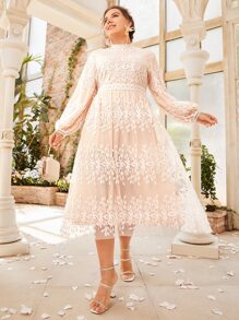 Modelyn 大碼1入組水溶蕾絲拼接燈籠袖網紗連衣裙 - 珊瑚粉 - 查看 1