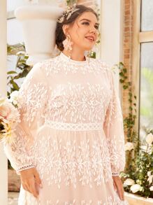 Modelyn 大碼1入組水溶蕾絲拼接燈籠袖網紗連衣裙 - 珊瑚粉 - 查看 5