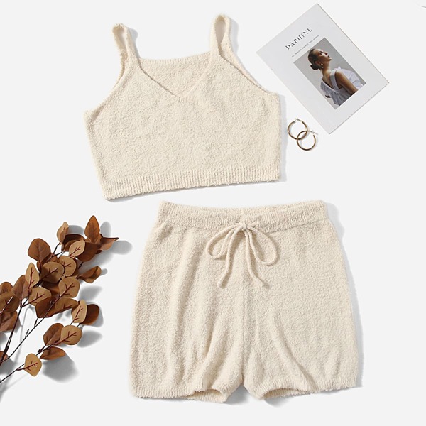 

Plus Crop Knit Top & Shorts Set, Beige