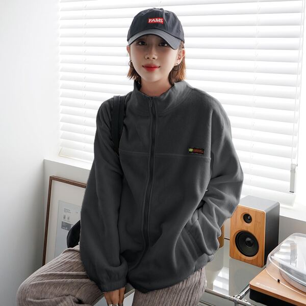 

Letter Patched Drop Shoulder Fleece Jacket, Dark grey