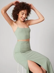 SHEIN BAE Bộ đồ hai mảnh nữ Hội Chữ thập Tách cao màu trơn Gợi cảm - Màu xanh Bạc hà - Xem 5
