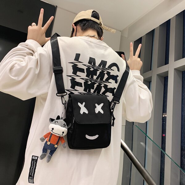 

Men Doll Decor Flap Square Bag, Black