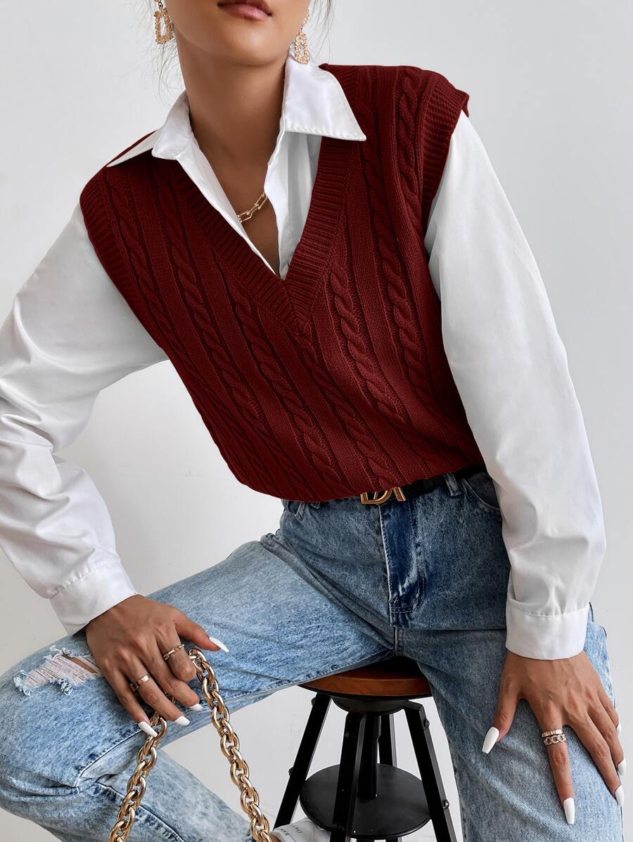 SHEIN Essnce Cable Knit Sweater Vest Without Blouse - Rust Brown - View 1