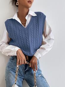 Chiquease Cable Knit Sweater Vest Without Blouse - Dusty Blue - View 4