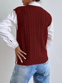SHEIN Essnce Cable Knit Sweater Vest Without Blouse - Rust Brown - View 2