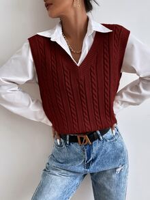 SHEIN Essnce Cable Knit Sweater Vest Without Blouse - Rust Brown - View 3