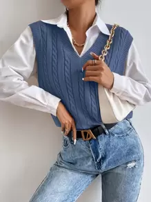 Chiquease Cable Knit Sweater Vest Without Blouse - Dusty Blue - View 6