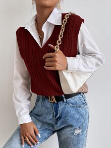SHEIN Essnce Cable Knit Sweater Vest Without Blouse - Rust Brown - View 4