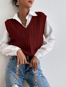 SHEIN Essnce Cable Knit Sweater Vest Without Blouse - Rust Brown - View 5