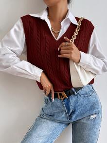 SHEIN Essnce Cable Knit Sweater Vest Without Blouse - Rust Brown - View 6