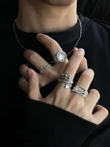 4pcs Men Letter & Anchor Decor Ring - Antique Silver - View 1